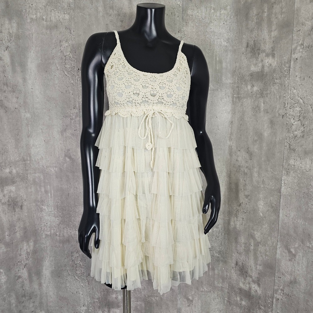 J Gee Crochet Ruffle Dress Sleeveless Tiered Mini‎ Ivory Summer Beach Petite S